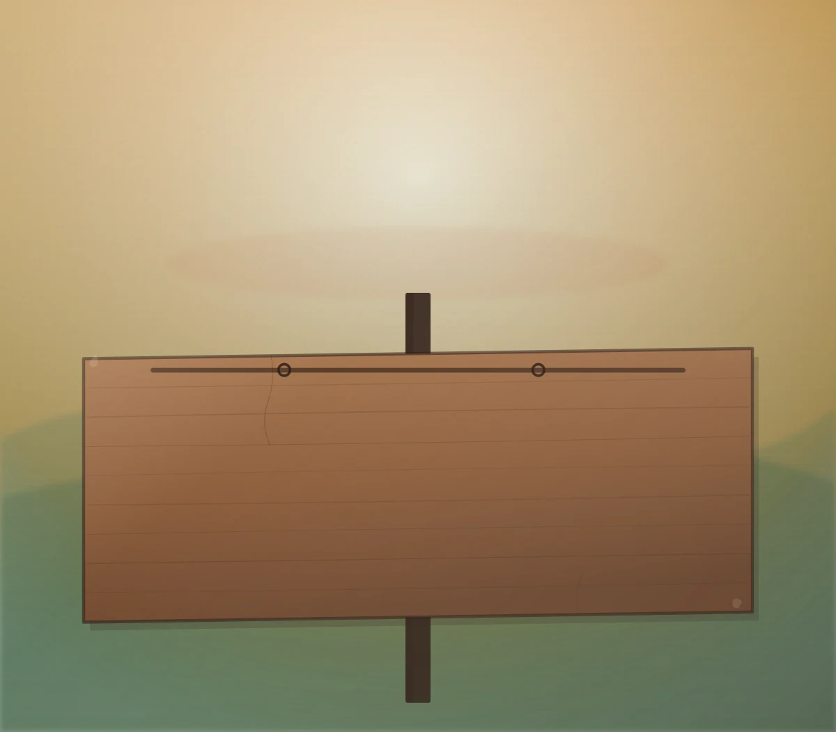 Illustrated weathered wood board with two empty hook fittings, set against a soft, hazy high-desert dusk sky, in a flat sign-painter style.